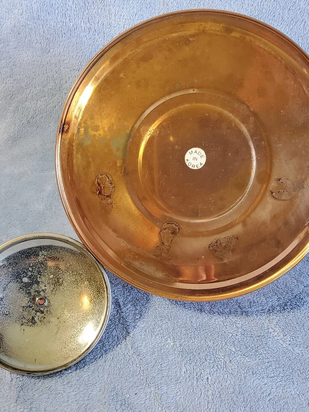 Vintage Copper Tea Pot with Ceramic Handles White Blue Delft Pattern Cottagecore